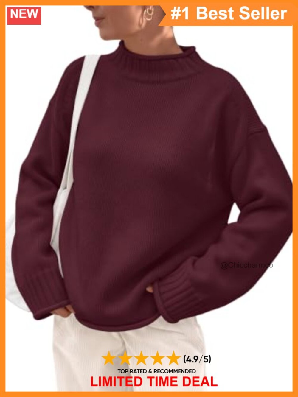 Mock Neck Knit Pullover Sweater Cotton Blend Long Sleeve